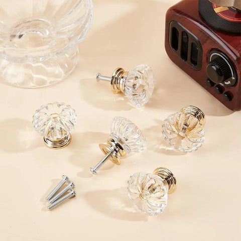 Upgraded Acrylic Crystal Cabinet Knobs And Drawer Pulls Featuring Slick Golden Diamond Cut Single Hole Furniture Hardware Kit Includes Heavy Duty Mounting Screws For Your Next Room Glow Up with gold accents and mounting screws.