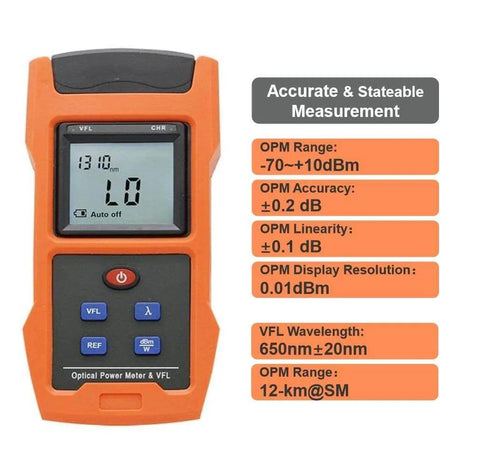 Front view of 2 In 1 Optical Power Meter And Visual Fault Locator For Fiber Optic Testing with display and specifications