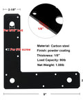 Flat Corner Brace Mending Plate Set In Black For Diy Furniture Shelves And Woodworking, 9 X 9 X 2 1/8 Inch L Shaped, 1/8 Inch Thick, 90 Lb Load Per Plate, Dual Hole Sizes For 9/16 Inch Bolts Or Number 10 Screws, Heavy Duty Steel
