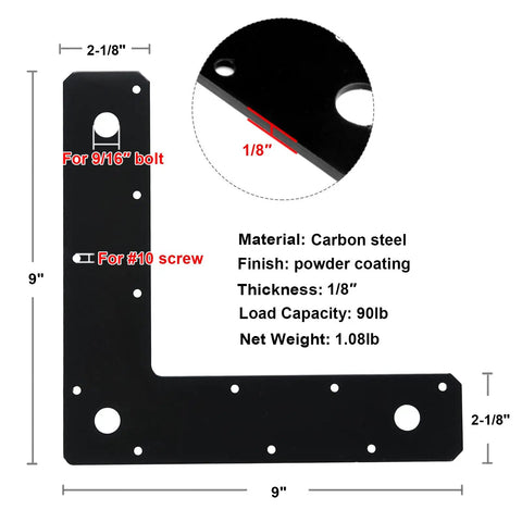 Flat Corner Brace Mending Plate Set In Black For Diy Furniture Shelves And Woodworking, 9 X 9 X 2 1/8 Inch L Shaped, 1/8 Inch Thick, 90 Lb Load Per Plate, Dual Hole Sizes For 9/16 Inch Bolts Or Number 10 Screws, Heavy Duty Steel
