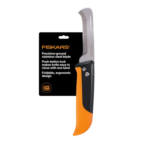 Foldable Produce Knife For Garden Harvests One Handed Safety Lock Stainless Steel Curved Blade Ergonomic Orange Handle
