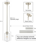 Top Shelf Modern Farmhouse Brushed Nickel Pendant Lights With Clear Glass Shades And Adjustable Rods, showcasing adjustable height and dimensions.
