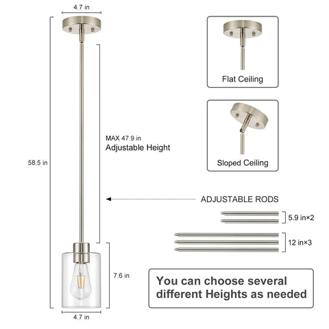 Top Shelf Modern Farmhouse Brushed Nickel Pendant Lights With Clear Glass Shades And Adjustable Rods, showcasing adjustable height and dimensions.