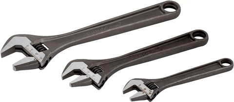 3 Piece Adjustable Wrench Set With 6 Inch 8 Inch And 10 Inch Jaws Tapered Jaws 15 Degree Head Angle I Beam Handle Spring Loaded