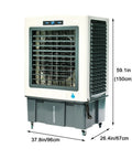Portable Swamp Cooler On Smooth Rollers with leak resistant tank, dimensions 59.1in x 37.8in x 26.4in for easy cooling.
