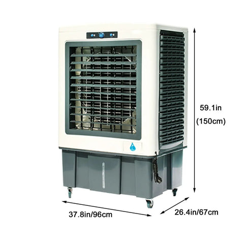 Portable Swamp Cooler On Smooth Rollers with leak resistant tank, dimensions 59.1in x 37.8in x 26.4in for easy cooling.