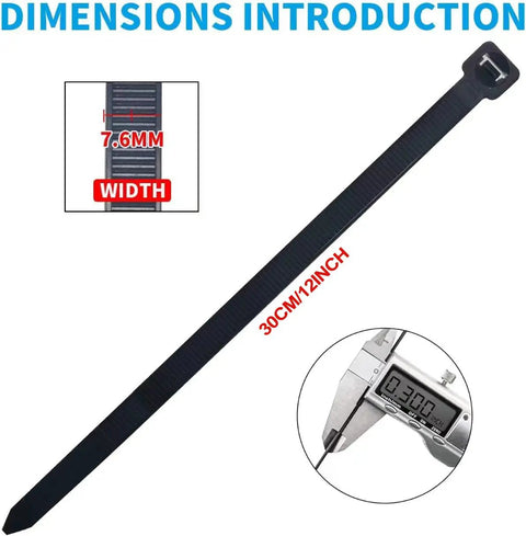 Heavy Duty Zip Ties 12 Inch Nylon 66 Cable Ties With 120 Lb Tensile Strength 0.3 Inch Wide UV Resistant Self Locking Tie Wraps, dimensions shown
