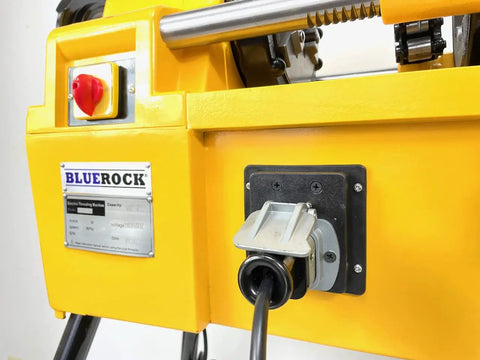 Bluerock Power PTM50-C Electric Motorized Pipe Threader showing control switch and power connection for easy operation.