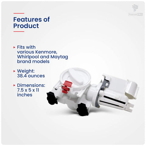 Washer Drain Pump Assembly For Whirlpool Replacement Kit 280187 With OEM Style Parts on white background with features text