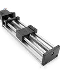 Smooth Ball Screw Linear Guide Rail Motion System With Precise Rock Solid Movement For Industrial Automation Including A 100mm Diameter Stepper Motor For High Torque And Reliable Positioning, shown with aluminum rails and ball screws