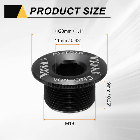 Two Pack M19 Aluminum Crank Screws for Mountain and Road Bikes, Lightweight Crank Fixing Bolts, 28mm OD, Black Finish, Size Diagram