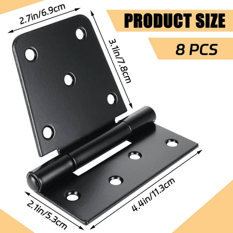 8 Pack Heavy Duty Gate Hinges 3.5 Inch Black Iron For Barn Doors Fences Gates Screws Included, showing hinge dimensions and details.