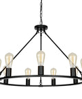 Black Wagon Wheel Chandelier Total Showstopper Lighting Fixtures in matte black, 9 light pendant, 32 inches wide, 22 inches tall.