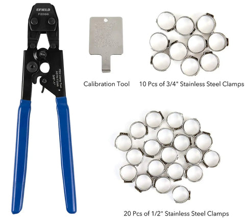 Pro Grade Pex Cinch Clamp Crimp Tool Kit with Stainless Steel Clamps, Ratchet, Calibration Tool, and 30 Assorted Clamps