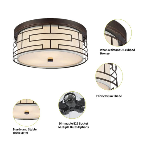 Semi Flush Drum Ceiling Light 3 Light in Oil Rubbed Bronze Finish With Linen White Fabric Shade detailed features