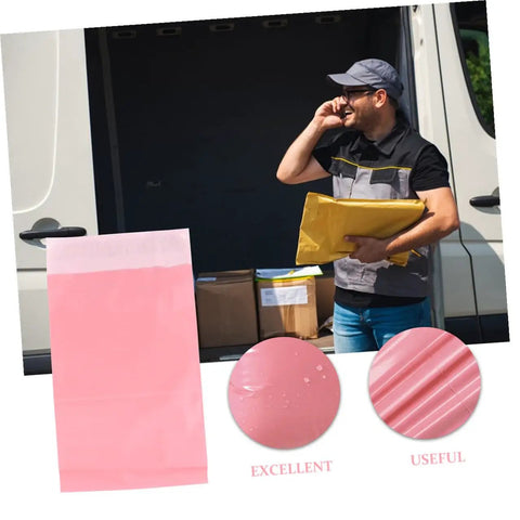 Man holding package with Pink Waterproof Mailing Bags 17x30cm 100 Pack Thickened Self Sealing Mailers beside a delivery van