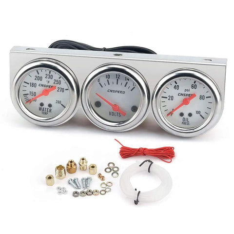 2-Inch Triple Gauge Kit With Volt, Water Temp, And Oil Pressure Gauges - Chrome Mechanical Gauges With White Face Dial