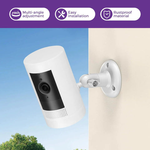 2 Pack No Drill Camera Wall Mount Bracket For Ring And Wyze Security Cameras 360 Adjustable mounted on a wall outdoors.
