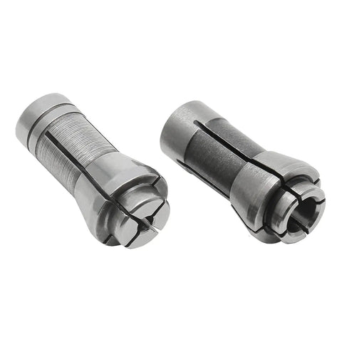 Two die grinder collets from Four Pack Die Grinder Collet Set For One Quarter And One Eighth Inch Bits on white background.