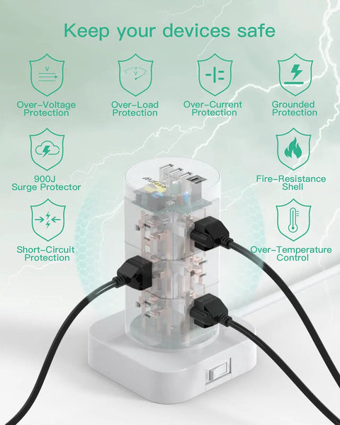 16 In 1 Tower Power Strip With 12 Outlets And 4 USB Ports Including USB C Flat Plug 1800 Joules Surge Protection diagram