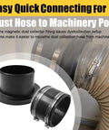 4 Inch Magnetic Dust Collection Hose Adapter Coupling Kit With Suction Fittings For Smooth Vacuum Line Setup showing black connectors and hose.