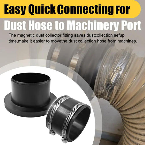 4 Inch Magnetic Dust Collection Hose Adapter Coupling Kit With Suction Fittings For Smooth Vacuum Line Setup showing black connectors and hose.