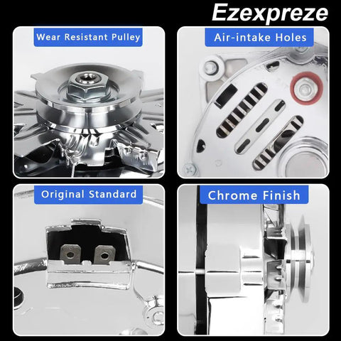 Chrome 1 Wire Self Exciting 120 Amp High Output Alternator Replacement 12V CW Rotation 10SI Style for V8 Small Block close-up details