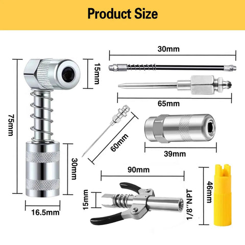 Heavy Duty Copper Grease Gun Accessory Kit With High Pressure Up To 10,000 PSI Including Double Handle Coupler, components shown with dimensions.