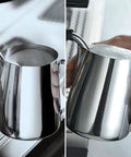 Stainless Steel Milk Frothing Pitcher For Latte Art 12 Ounce Barista Grade Pouring Jug Creamer For Espresso Foam in use.