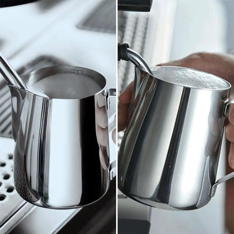Stainless Steel Milk Frothing Pitcher For Latte Art 12 Ounce Barista Grade Pouring Jug Creamer For Espresso Foam in use.