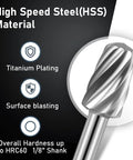 Front view of an HSS engraving router bit with 1/8 in shank; 20-piece kit.
