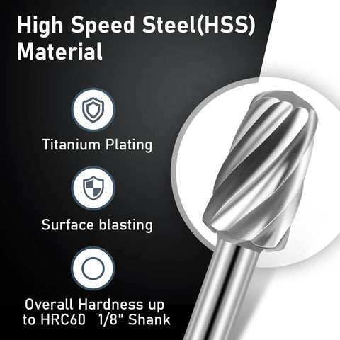 Front view of an HSS engraving router bit with 1/8 in shank; 20-piece kit.