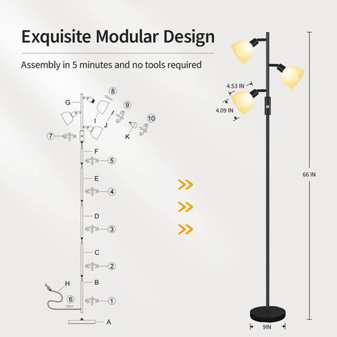 Assembly diagram for Three Head Floor Lamp With Rotating Heads, 3 Way Dimmer, Includes 3x 4W E12 LED Bulbs, Metal Pole