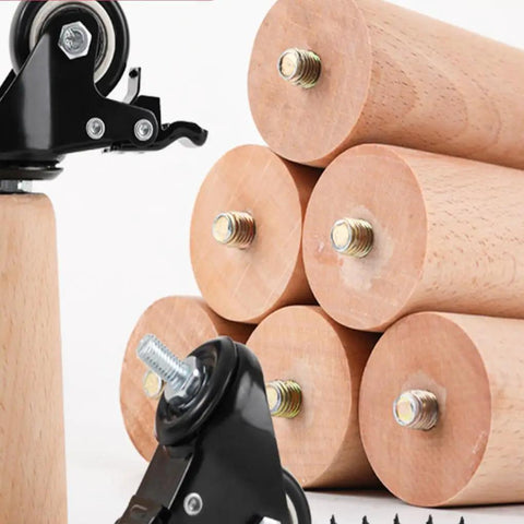 4 Pack Round Solid Wood Furniture Legs With Wheels And Brakes 65cm Tall Replacement Sofa Cabinet And Bed Feet close-up