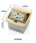 Pop Up Floor Box With Dual Type A USB Charger And 20 Amp Outlet, Black PFUS2-MB, shown with measurements, low profile design
