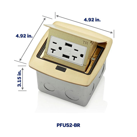 Pop Up Floor Box With Dual Type A USB Charger And 20 Amp Outlet, Black PFUS2-MB, shown with measurements, low profile design