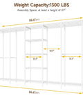 Extra Large Industrial Pipe Clothing Rack With Five Tier Shelves And Hanging Rods Freestanding Portable Closet Organizer System 88.6 Inches Wide Beefed Up Heavy Duty Wardrobe Holds Up To 1300 Lbs White, dimensions shown