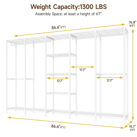 Extra Large Industrial Pipe Clothing Rack With Five Tier Shelves And Hanging Rods Freestanding Portable Closet Organizer System 88.6 Inches Wide Beefed Up Heavy Duty Wardrobe Holds Up To 1300 Lbs White, dimensions shown