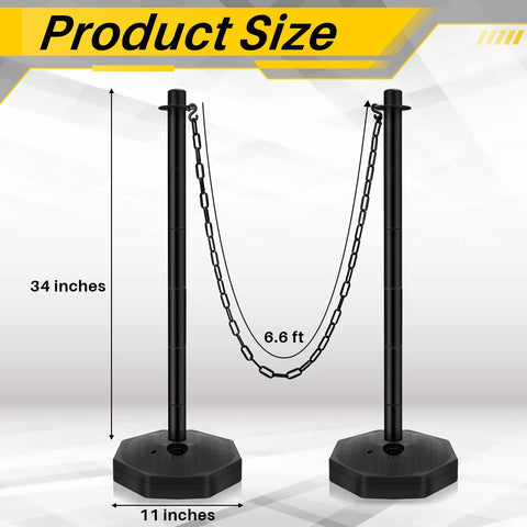Four 34 Inch Plastic Traffic Delineator Cones With Weighted Fillable Base Portable Safety Posts 6.6 Ft Chain And Parking Barrier For Driveway And Parking Lot Black, showing two posts with connecting chain and measured dimensions
