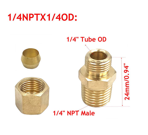 Brass 1/4 in NPT male to 1/4 in tube OD compression fitting, 6-pack, front view