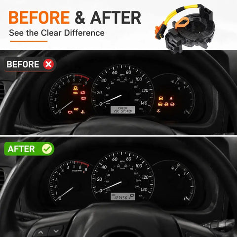 Top Tier Steering Clock Spring Tool Fits Toyota Tacoma Tundra Camry Corolla RAV4 Prius Sienna 4Runner Highlander Avalon Yaris Sequoia For Easy Reset And Quick Installation Replace Part Number 84306-06140 before and after dashboard comparison