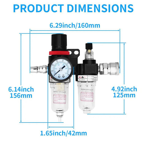 Dimensions of Plug And Play Pneumatic Air Filter Regulator Kit With Gauge And Lubricator Cup For One Quarter Inch NPT Systems Regulates 0 To 145 PSI Range Keeps Air Clean For Tools Compact, Lightweight, Easy Install For Quick Setup