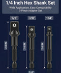 3 Piece Impact Socket Adapter Set With One Quarter Inch, Three Eighth Inch And One Half Inch Drive Heads displayed in sizes