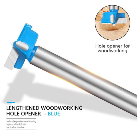 Carbide-tipped woodworking hole-opener drill bit with blue collar and extended shank (side view)