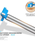 Blue extended woodworking hole opener drill bit with carbide tip and hex shank