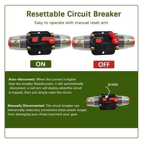 High-Octane 30 Amp Manual Reset Car Circuit Breaker waterproof inline fuse block showing ON and OFF positions for 12V to 25V vehicles.
