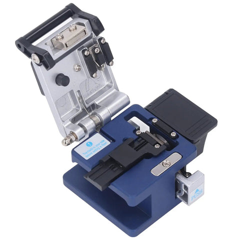 Fiber Cleaver FTTH Pro Grade Tool Kit With Precision Machined Optical Cable Cutter Stainless Steel And ABS Build Hot And Cold Splicing Ready Includes Waste Fiber Storage Box Durable Handy For Network Deployment, blue and silver
