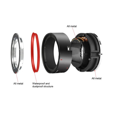 Exploded view of Built Tough Metal Lens Adapter EF to EOS R Mount for Canon EF and EF-S, showing all-metal and dustproof structure.
