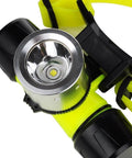 Close-up of Beastly Bright 1800 Lumen Diving Headlamp, showing aluminum head and fluorescence ABS body with magnetic switch.