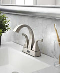 Touchless Two Handle 4 Inch Centerset Brushed Nickel Bathroom Faucet With Motion Sensor No Touch Operation 1.2 GPM Water Saving Flow Ceramic Cartridges Includes Push Pop Up Drain Easy Install in modern sink setup